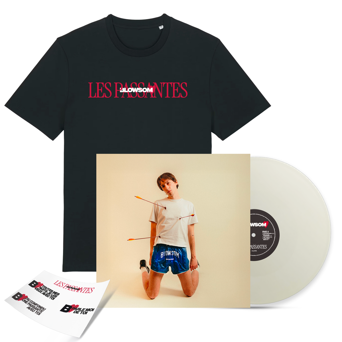 Pack Vinyle blanc crème + T-shirt "LES PASSANTES" + planche d'autocollants offerte