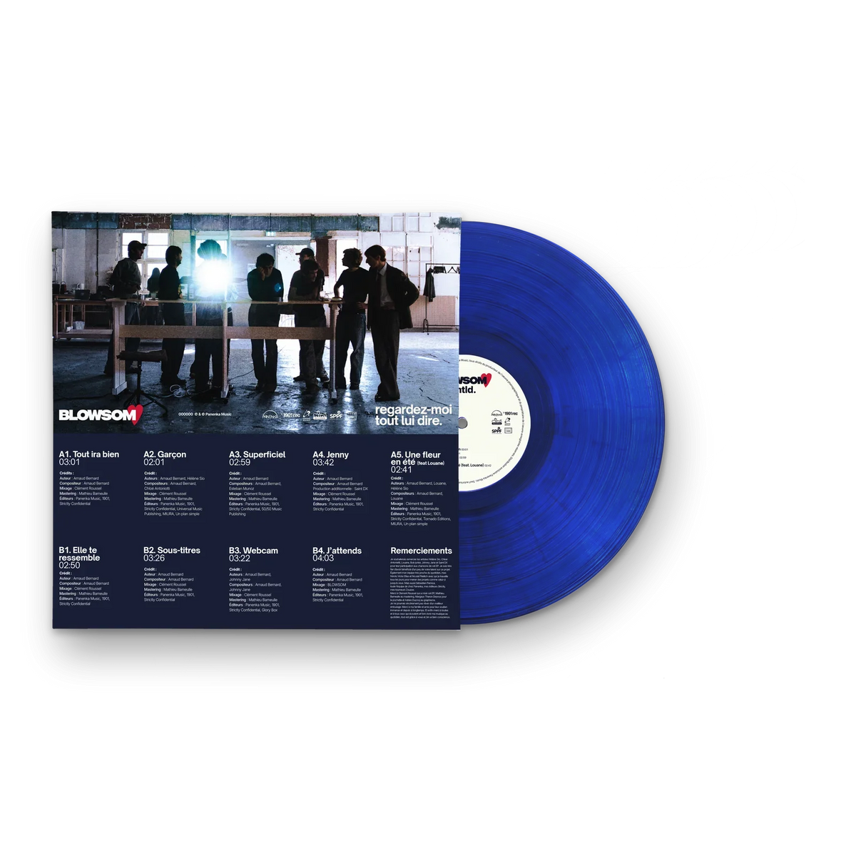 Pochette face B avec la tracklist et vinyle bleu